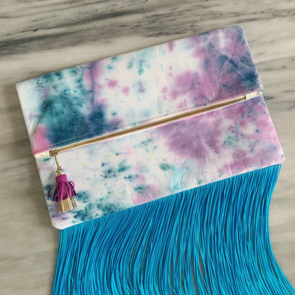 Tie Dye Fringe fold over clutch bag blue purple